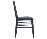 Cizeta Alpha 2521 hospitality chair shown in right-side view with a dark blue timber frame, ladder-back backrest, and blue elastic webbing seat.