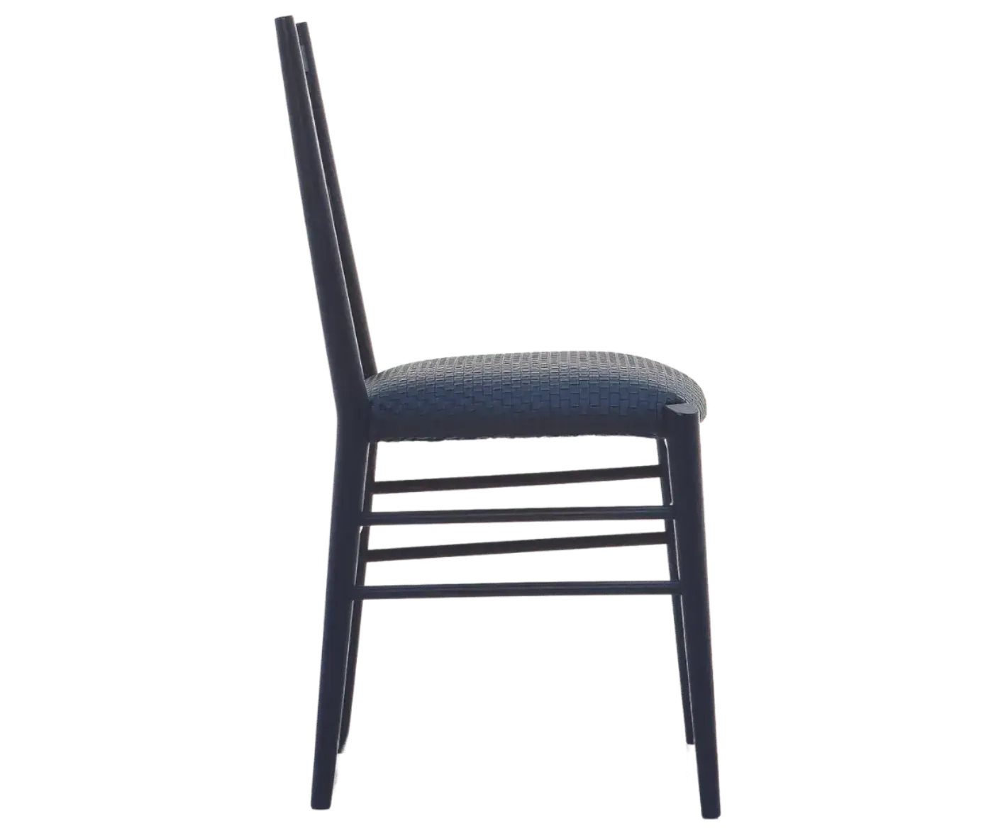 Cizeta Alpha 2521 hospitality chair shown in right-side view with a dark blue timber frame, ladder-back backrest, and blue elastic webbing seat.