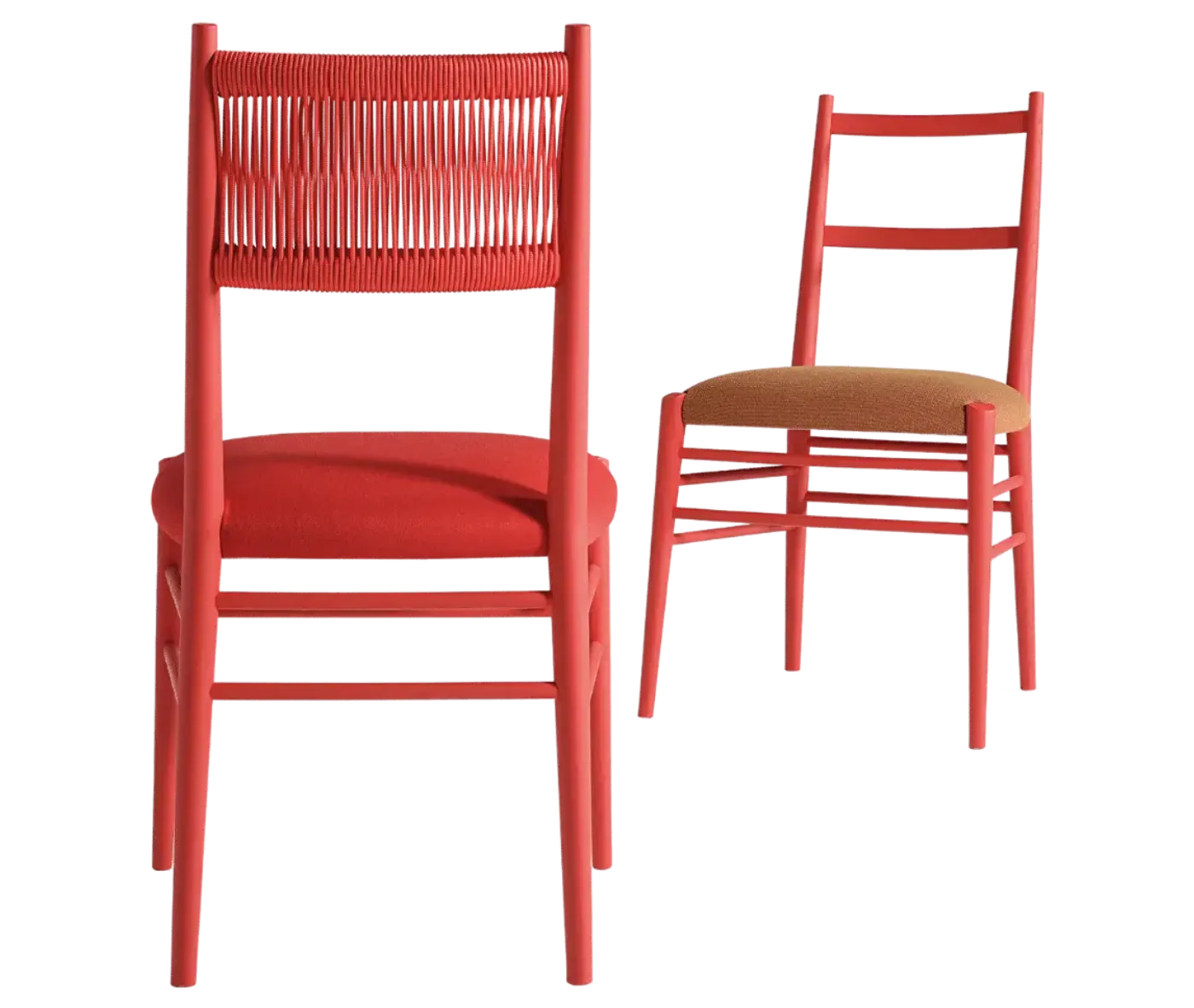 Cizeta Alpha 2521 hospitality chairs shown in front and back view, red timber frame, ladder-back backrest, upholstered seats.