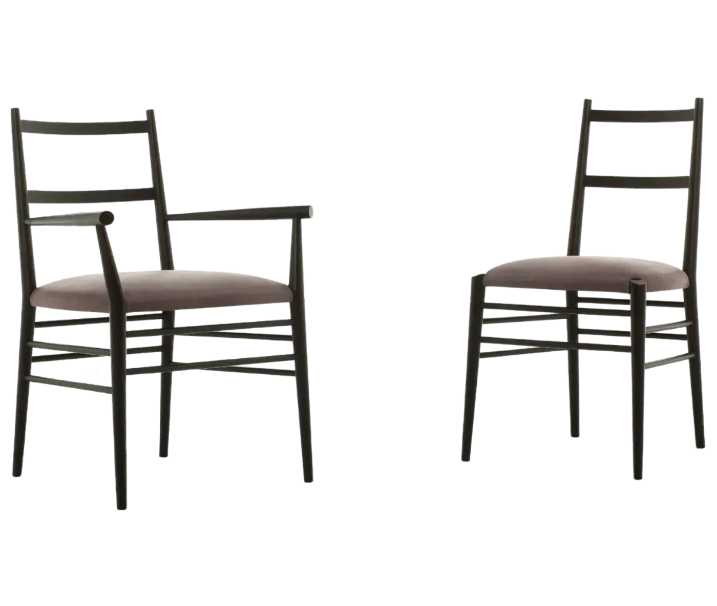 Cizeta Alpha 2521 hospitality chairs shown facing each other in front, with dark timber frames, ladder-back backrests, and upholstered seats.
