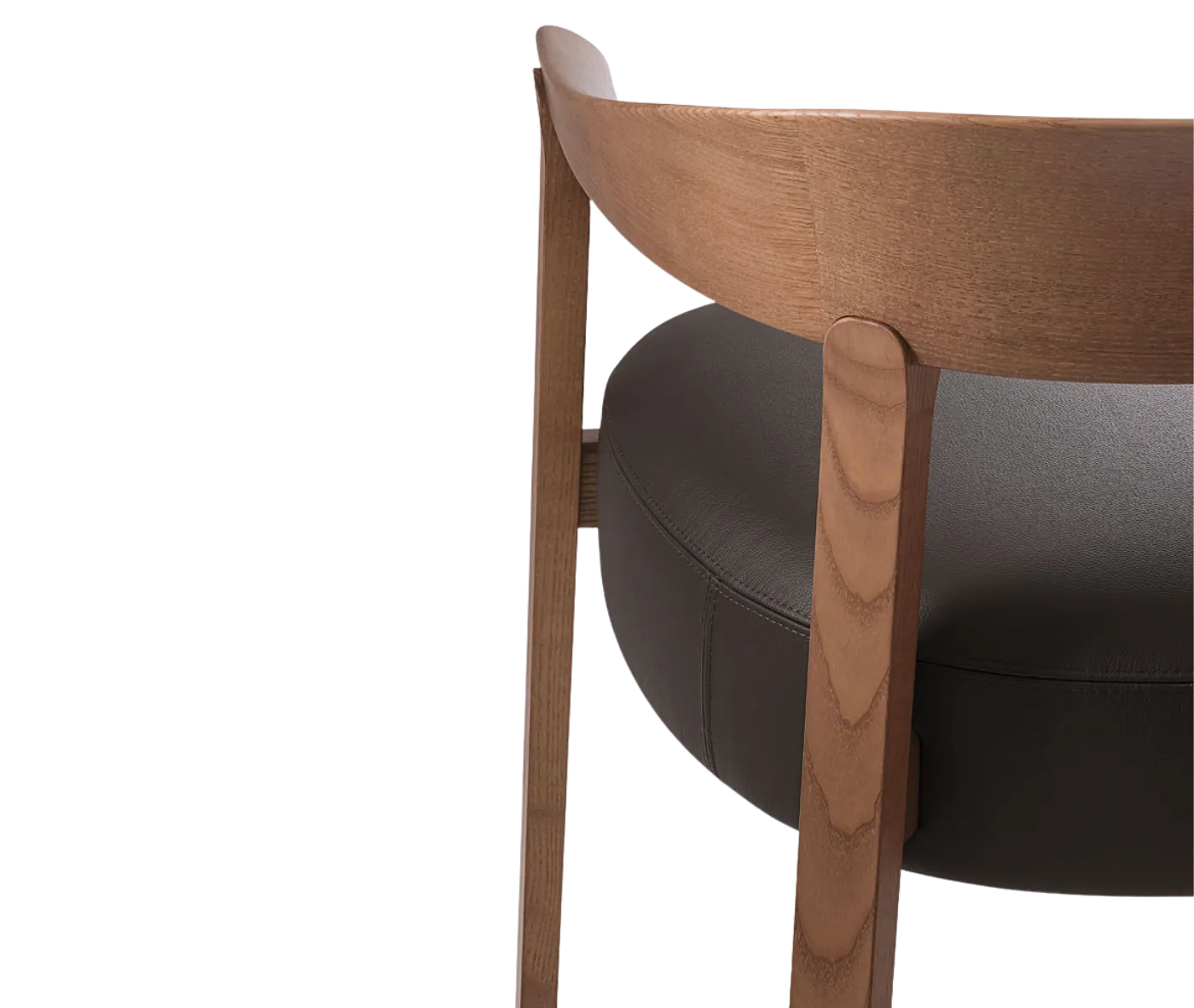 Close-up, back view of the Cizeta Aurea armchair with solid ash frame, and black upholstered seat.