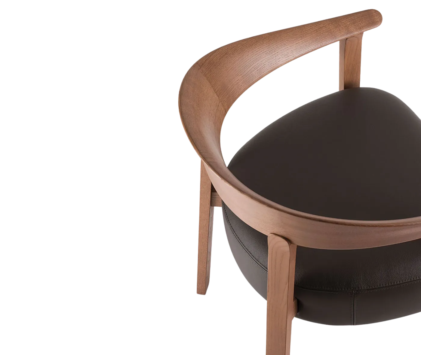 Close-up, back-right view of the Cizeta Aurea armchair with solid ash frame and black upholstered seat.