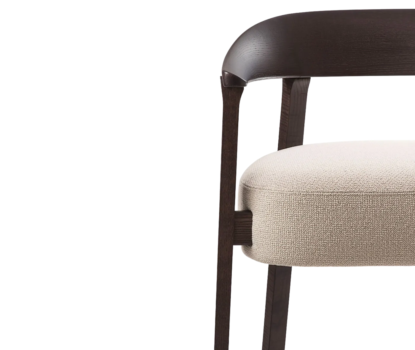 Close-up, half front view of the Cizeta Aurea armchair with solid ash frame and upholstered seat.