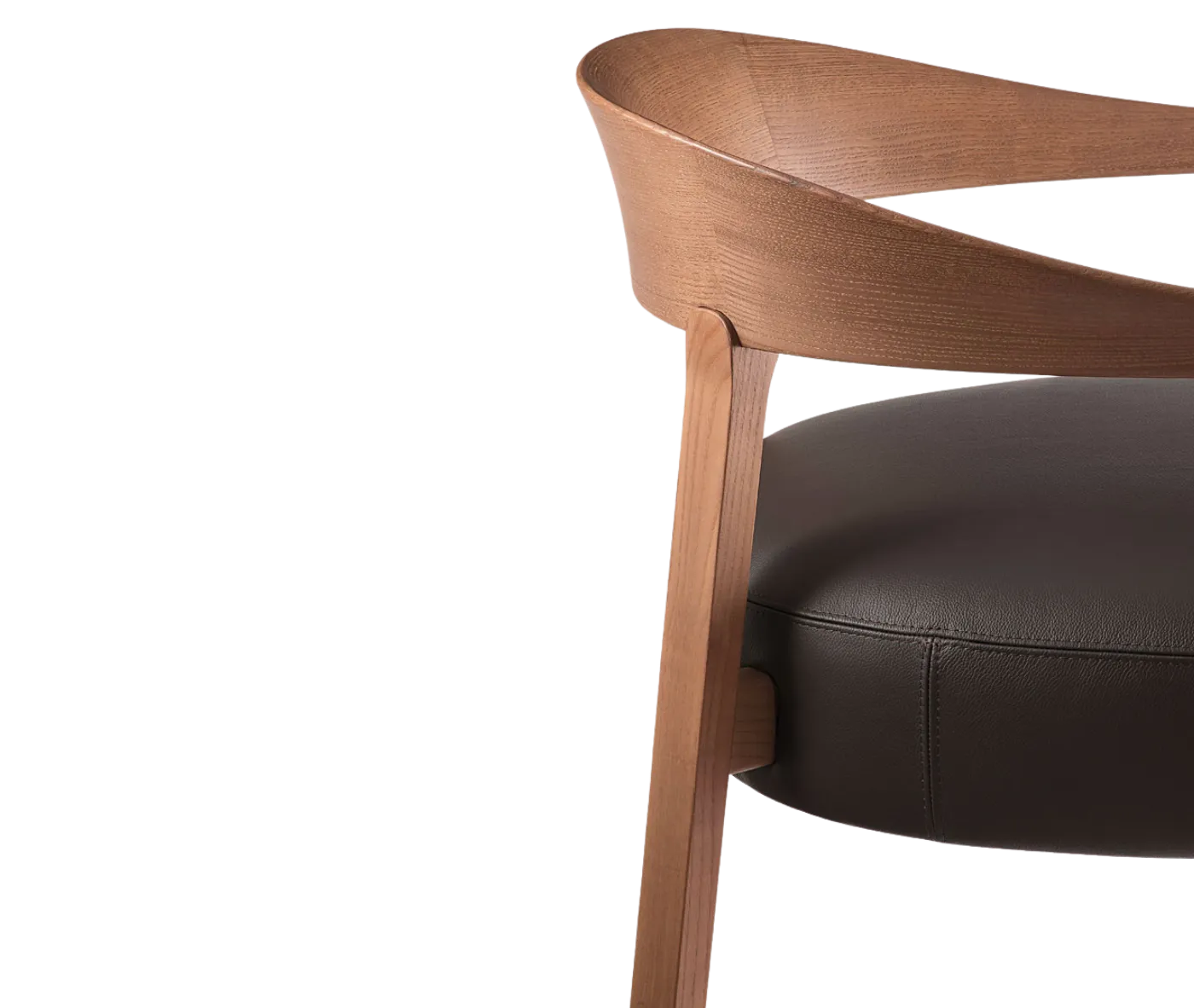 Half close-up of the Cizeta Aurea armchair, curved solid ash frame with dark upholstered seat.
