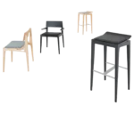 Cizeta Derby seating collection shown with timber-framed chairs and stools featuring coloured upholstered seats.