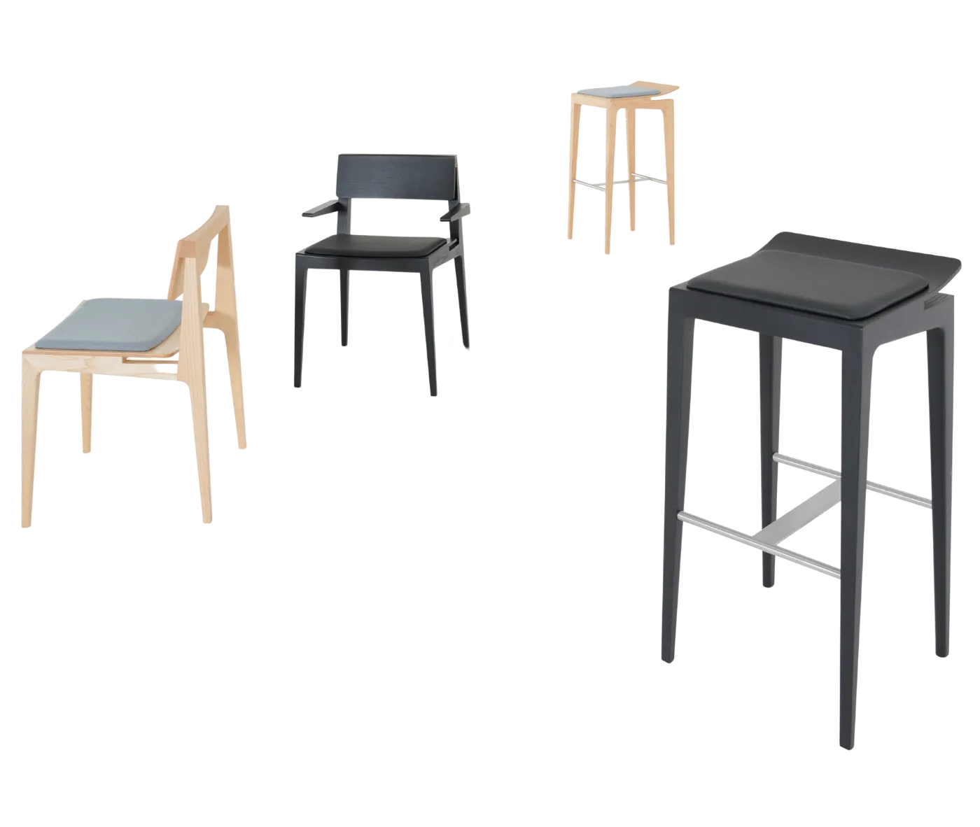 Cizeta Derby seating collection shown with timber-framed chairs and stools featuring coloured upholstered seats.