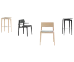 Cizeta Derby seating collection shown in lined up view with timber-framed chairs and stools and coloured upholstered seats.