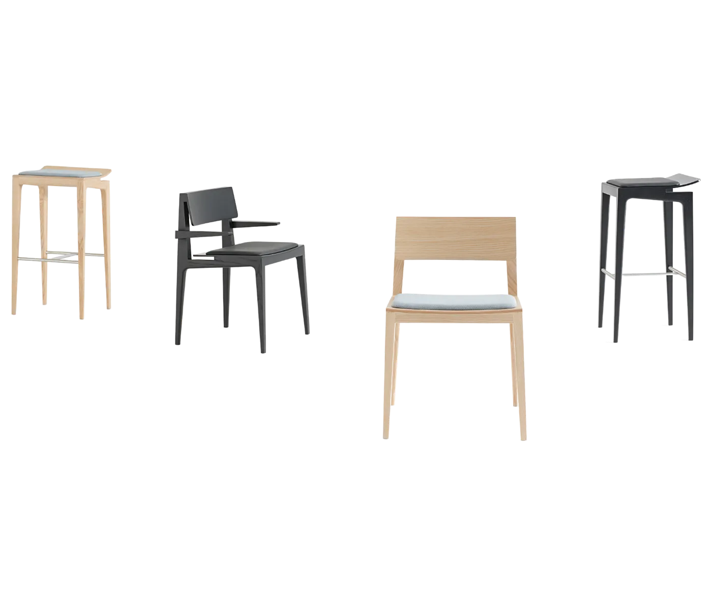 Cizeta Derby seating collection shown in lined up view with timber-framed chairs and stools and coloured upholstered seats.