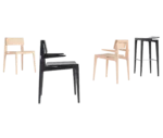 Cizeta Derby seating collection shown lined up in side and rear views with timber-framed chairs and stools featuring coloured upholstered seats.