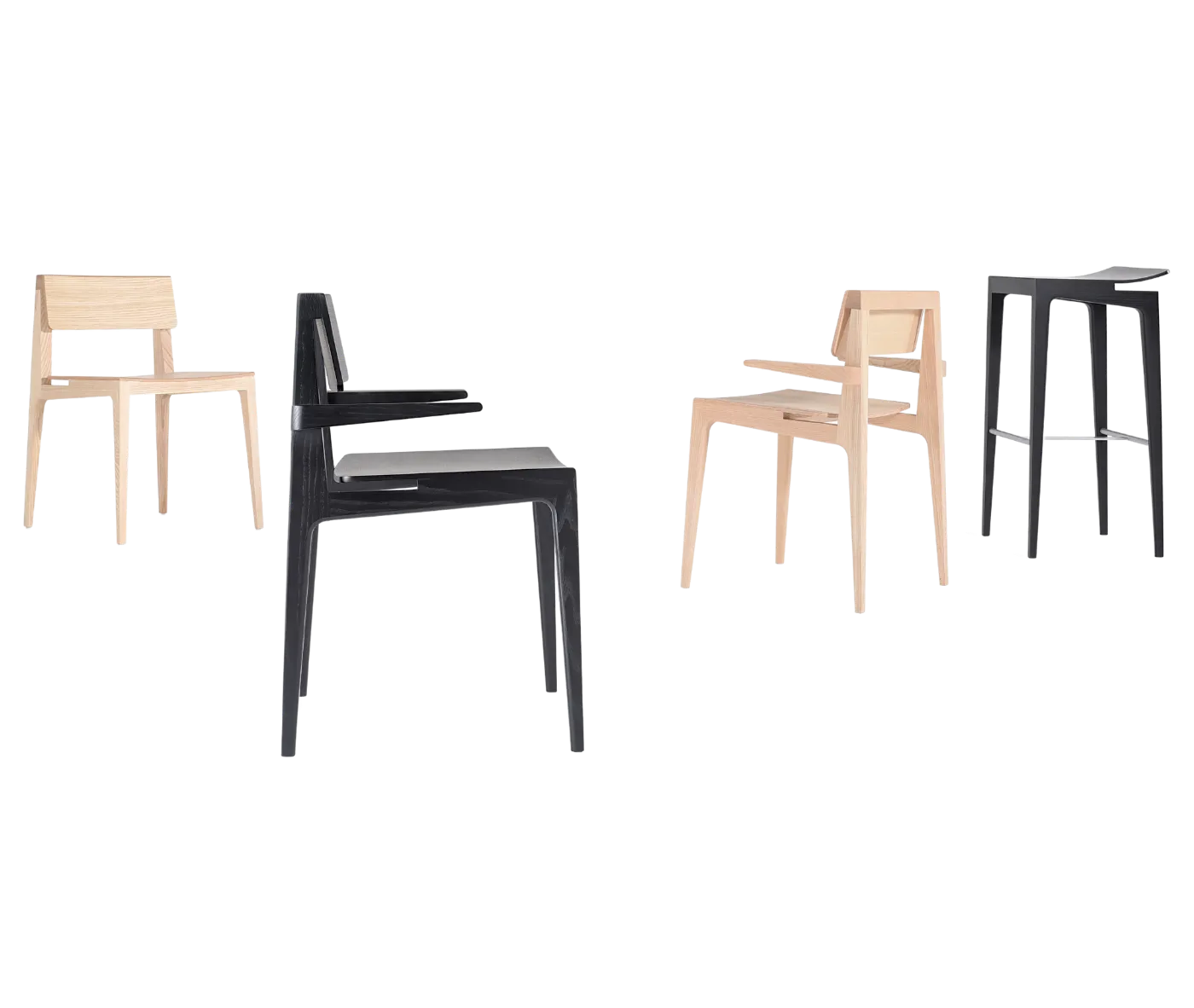 Cizeta Derby seating collection shown lined up in side and rear views with timber-framed chairs and stools featuring coloured upholstered seats.