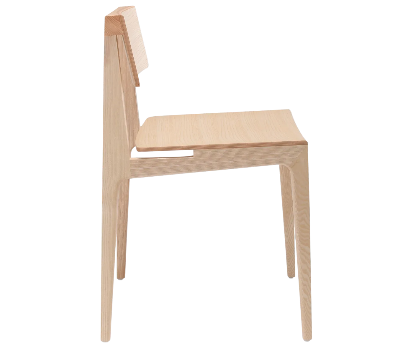 Cizeta Derby 2601 hospitality chair shown in right-side view, crafted entirely from light ash timber with a straight rectangular backrest.