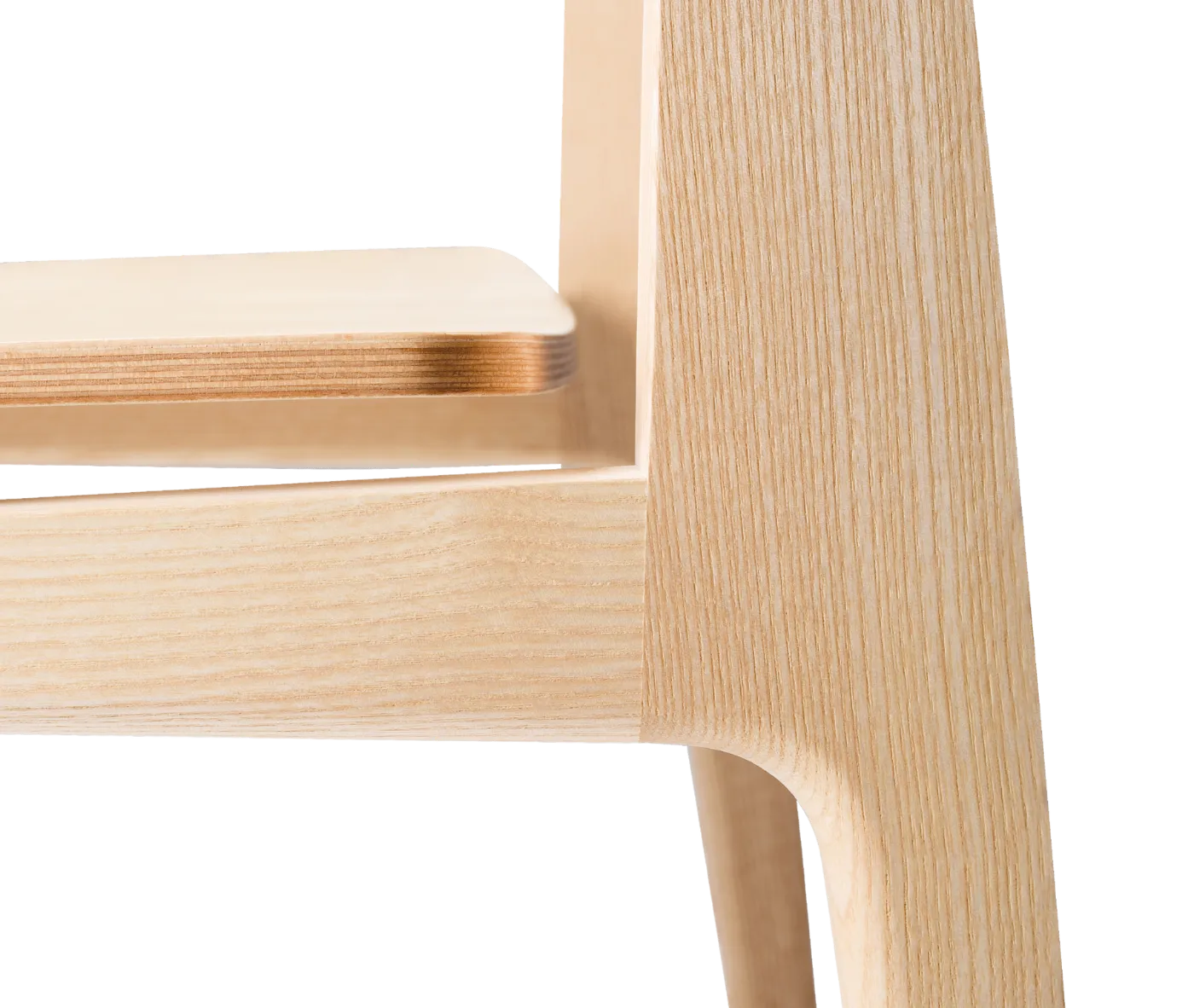 Close-up of the Cizeta Derby 2601 hospitality chair showing the light ash timber seat and frame.