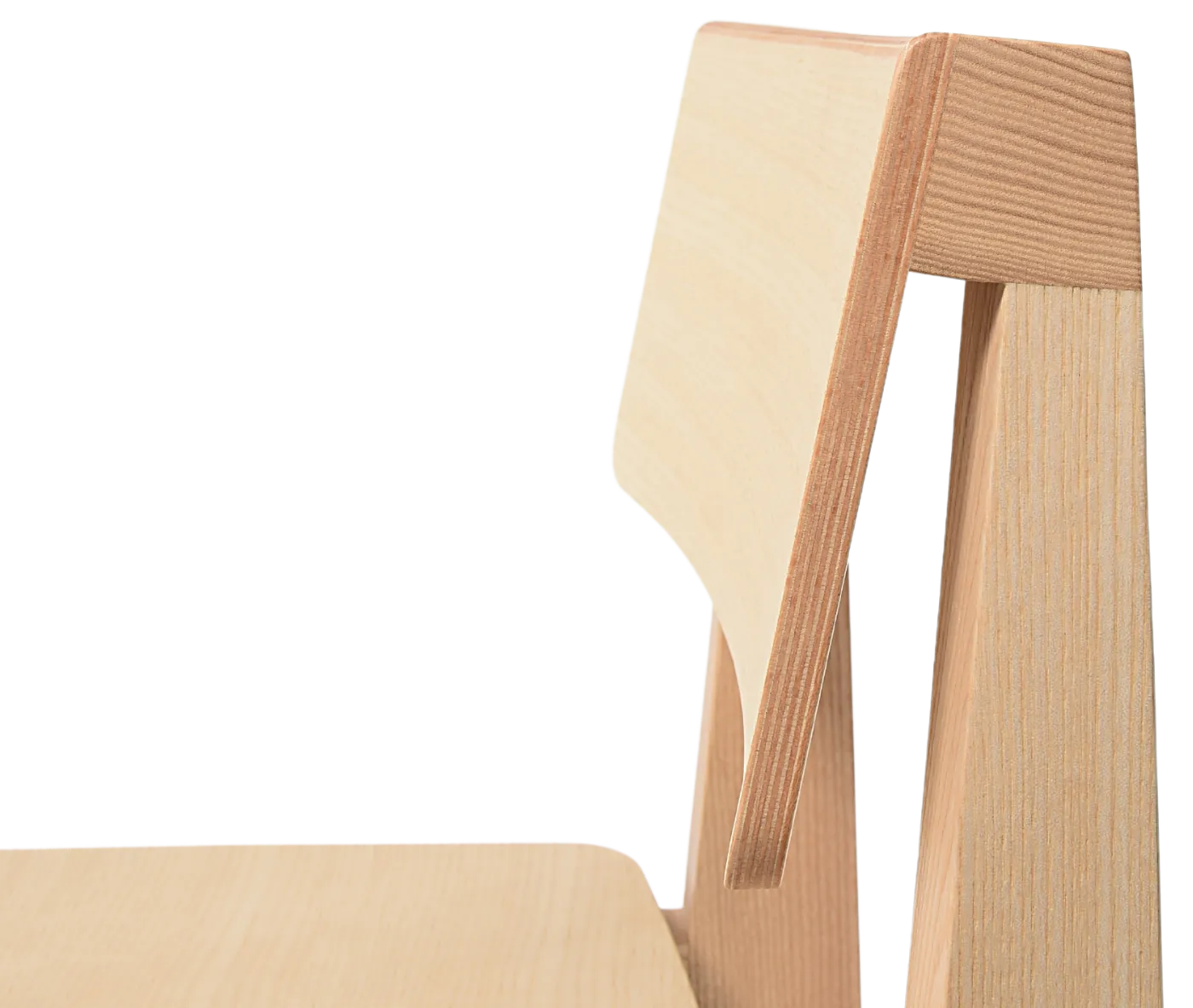Detail of the Cizeta Derby 2601 hospitality chair showing the slightly curved rectangular backrest in light ash timber.