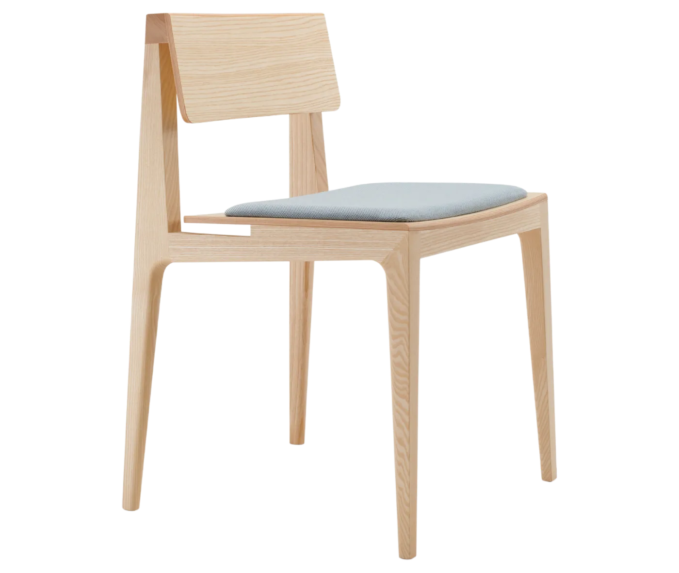 Cizeta Derby 2601 hospitality chair shown in front-right view with a light ash timber frame and backrest, and a blue upholstered seat.
