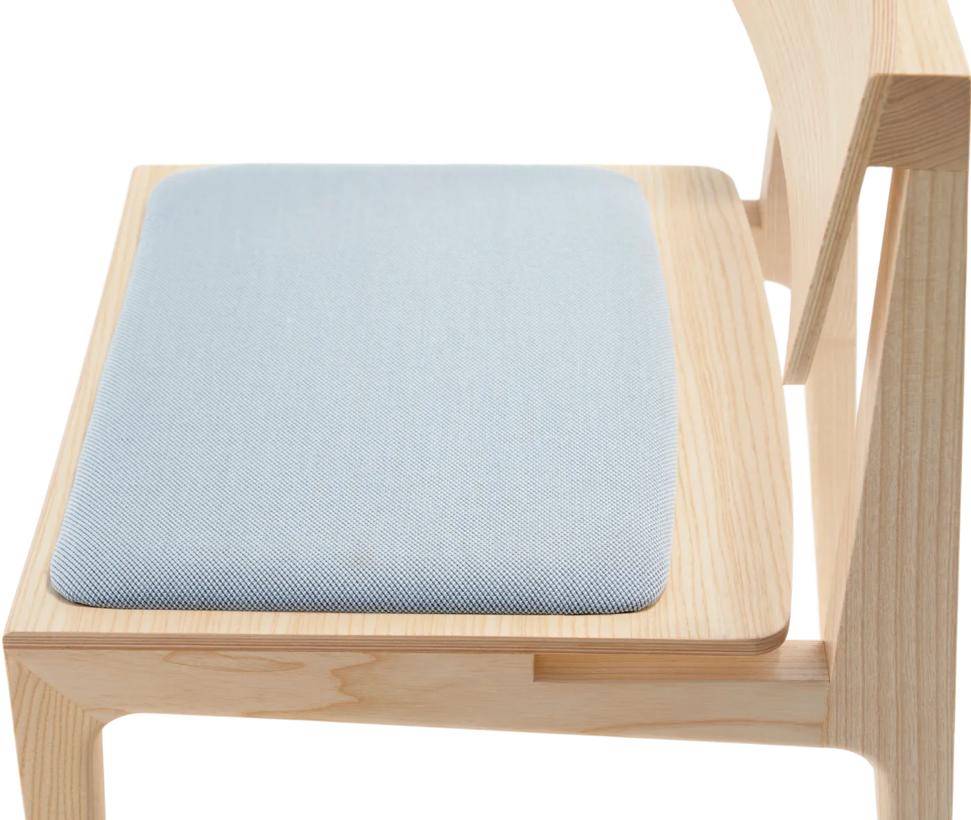 Close up of Derby 2601 hospitality chair, shown in left-side view blue upholstered seat and solid timber frame.