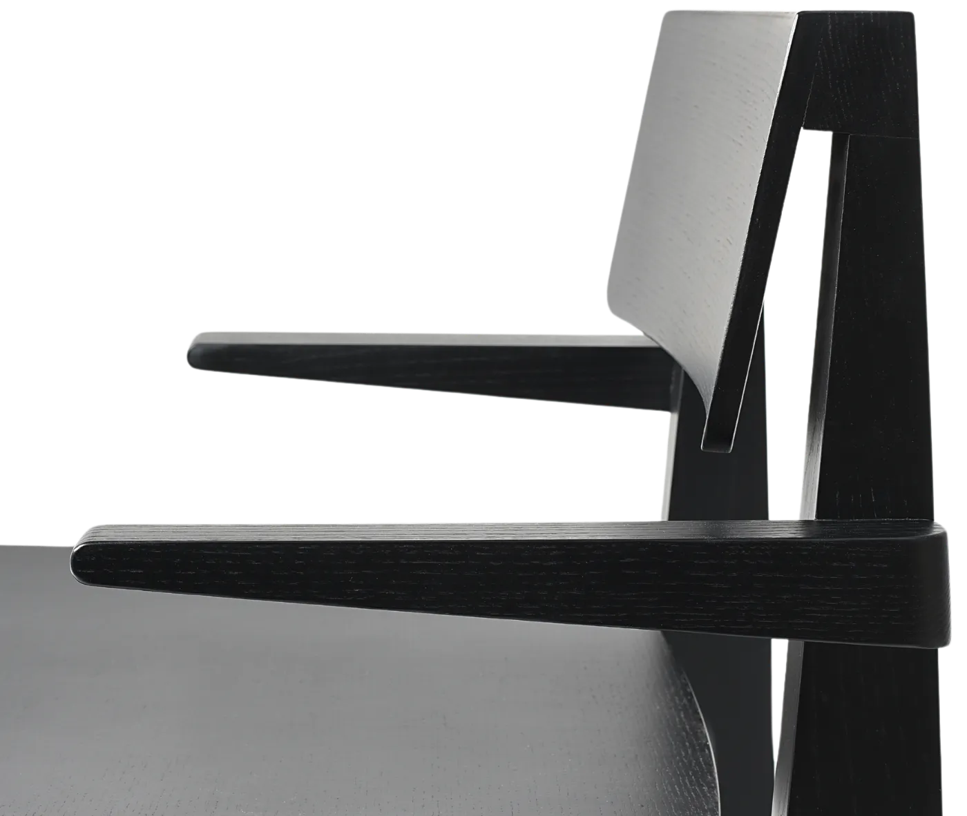Close-up of the Cizeta Derby 2602 chair with black timber armrests and frame.