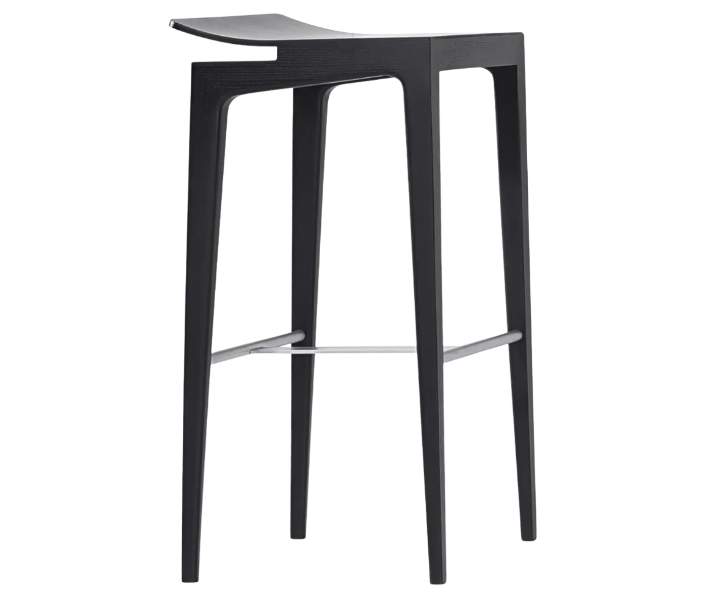 Cizeta Derby 2603 stool shown in front-left view, black timber frame, curved seat, and metal footrest.