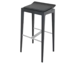 Cizeta Derby 2603 stool shown in front-right elevated view, black timber frame, curved seat, and metal footrest.