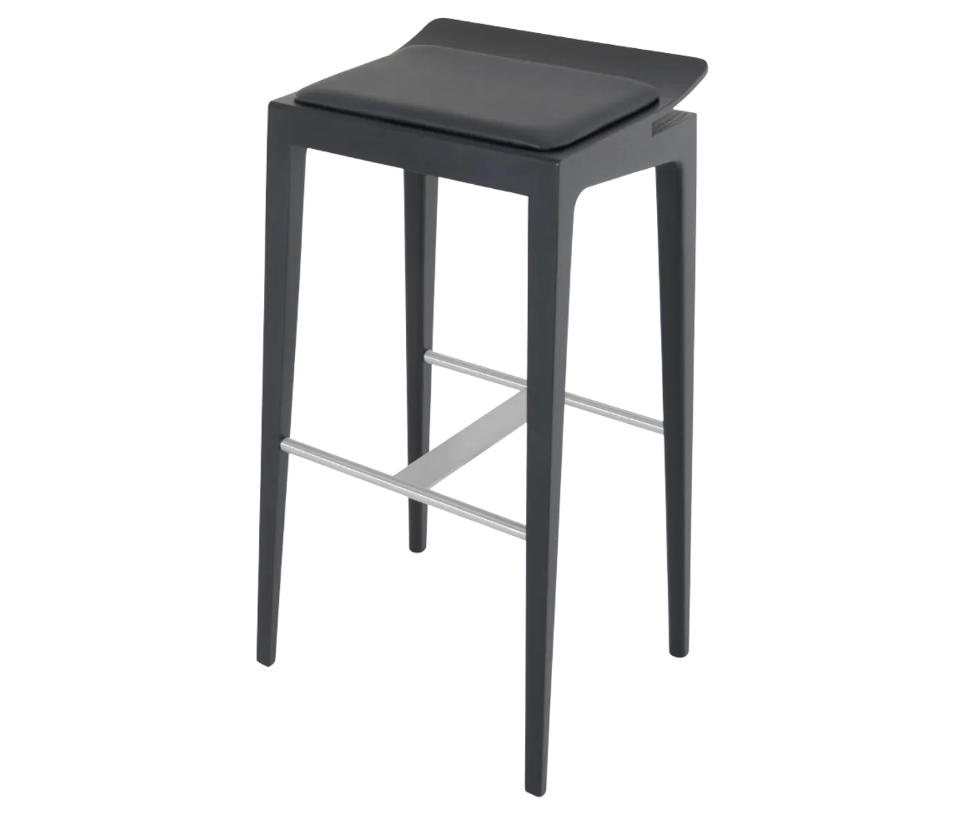 Cizeta Derby 2603 stool shown in front-right elevated view, black timber frame, curved seat, and metal footrest.