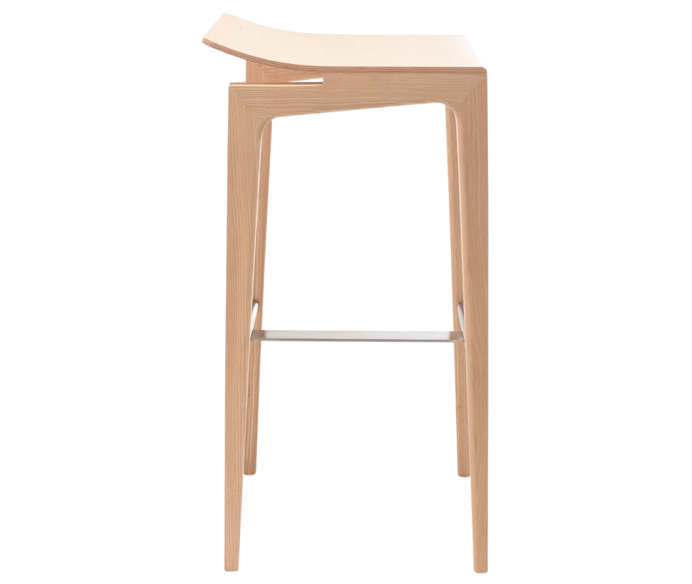 Cizeta Derby 2603 stool shown from the front, light timber frame, slim legs, curved seat, and metal footrest.