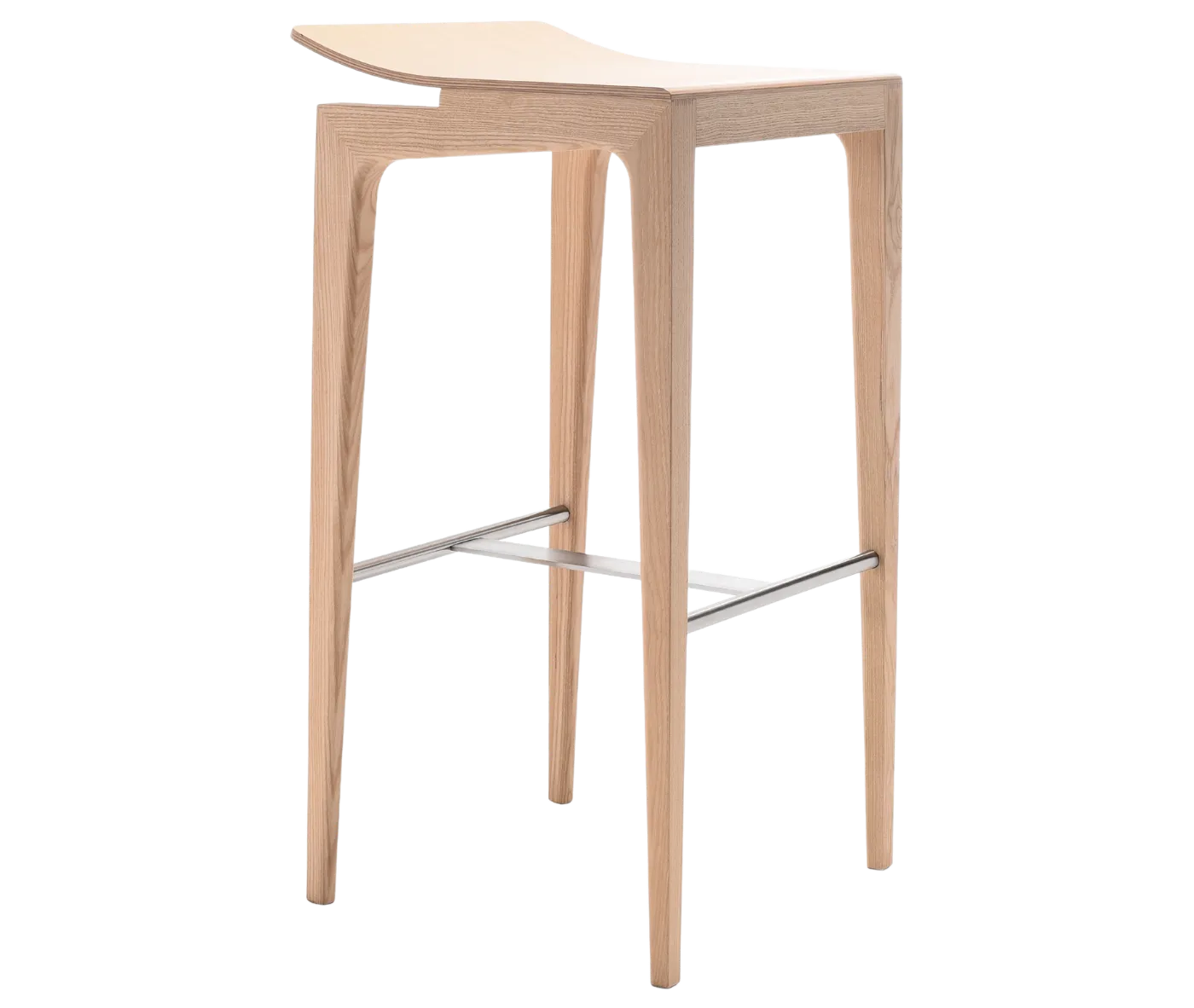 Cizeta Derby 2603 stool shown in front-left view, light timber frame, slim legs, curved seat, and metal footrest.