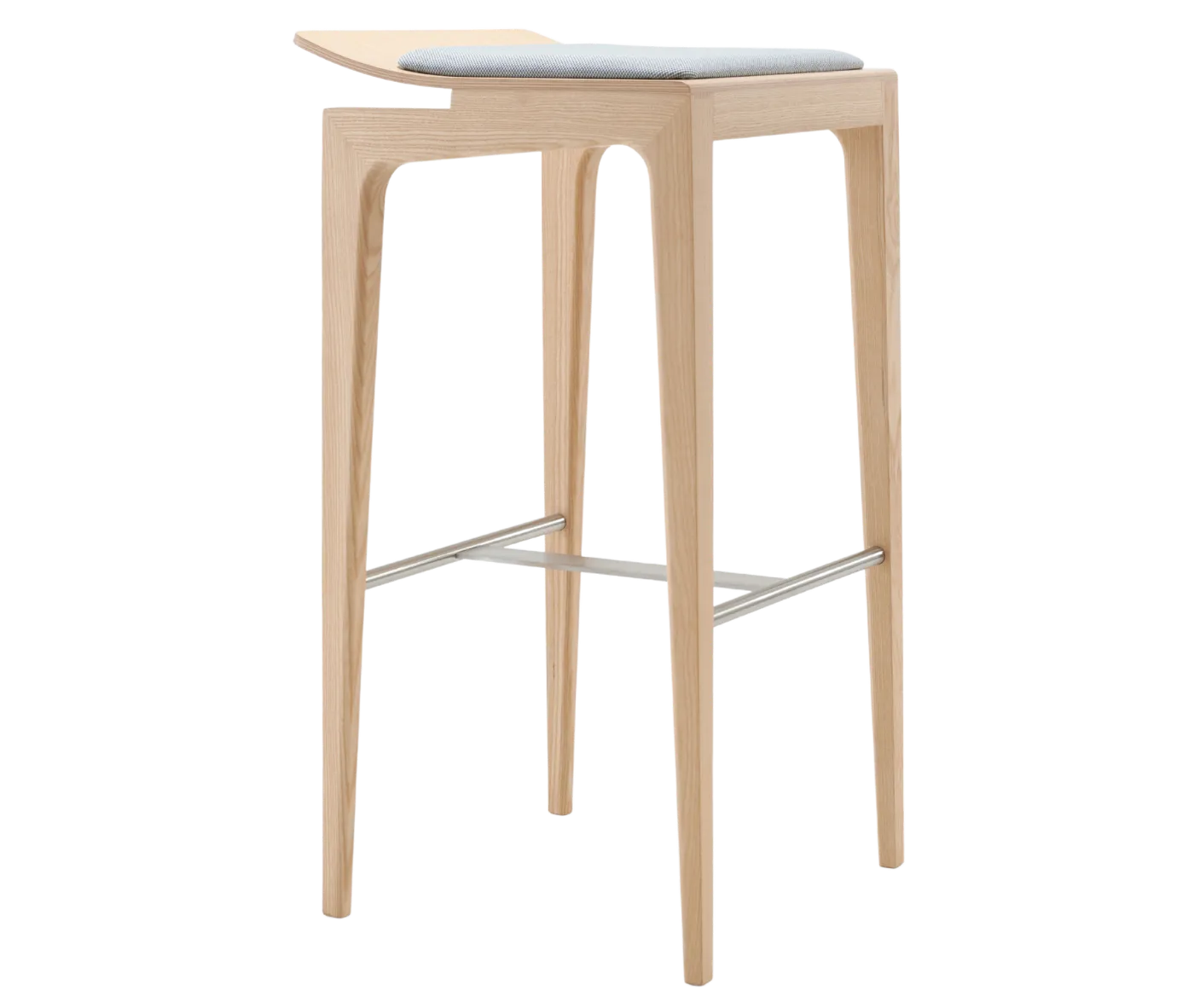 Cizeta Derby 2603 stool shown in front-left view, light timber frame, slim legs, curved upholstered seat, and metal footrest.