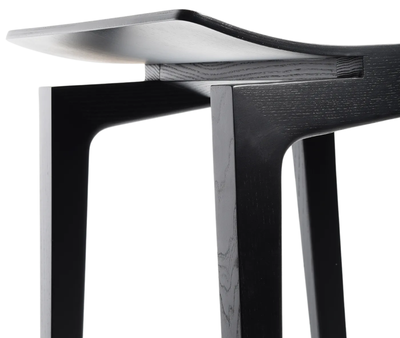 Close-up of Cizeta Derby 2603 stool, black curved plywood seat and solid timber frame.