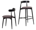 Cizeta Frisbee chair and stool in back-to-back view, black timber frames and upholstered seats.