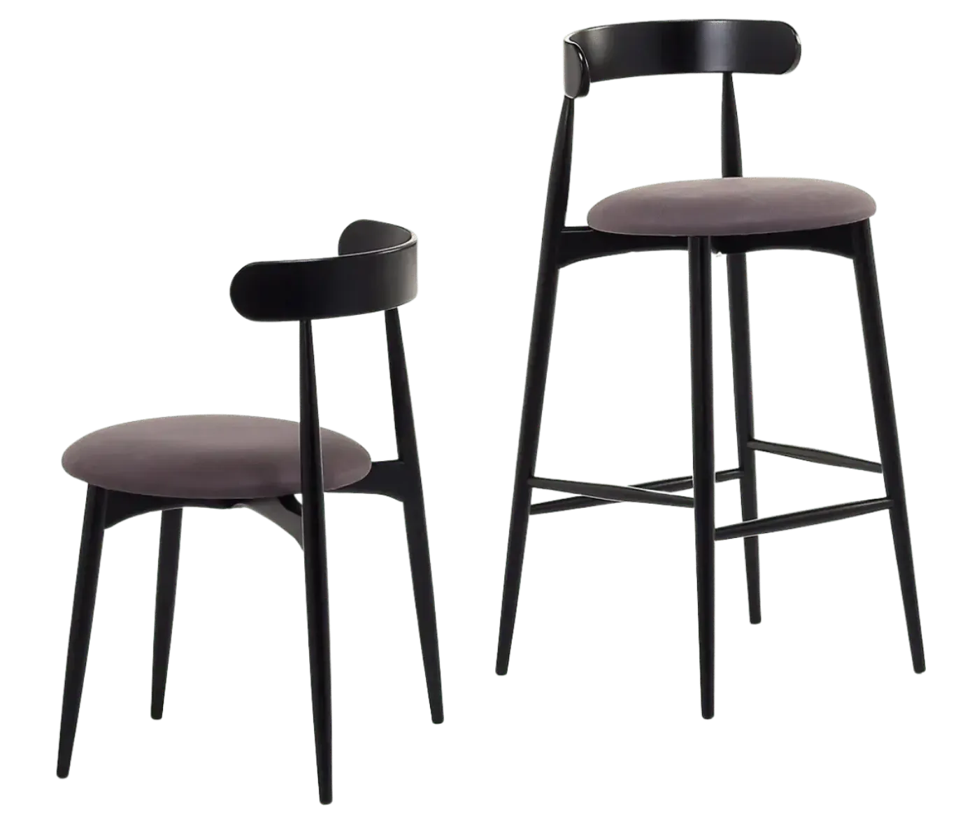 Cizeta Frisbee chair and stool in back-to-back view, black timber frames and upholstered seats.