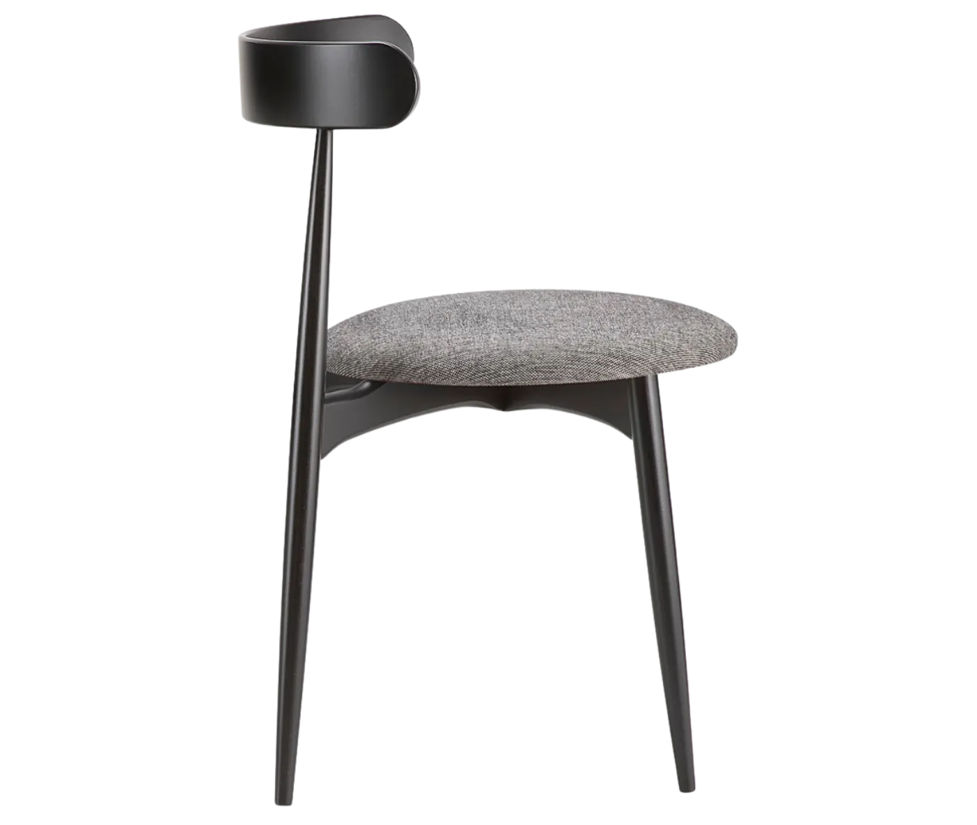 Cizeta Frisbee 2431 hospitality chair shown side view, black timber frame round upholstered seat.