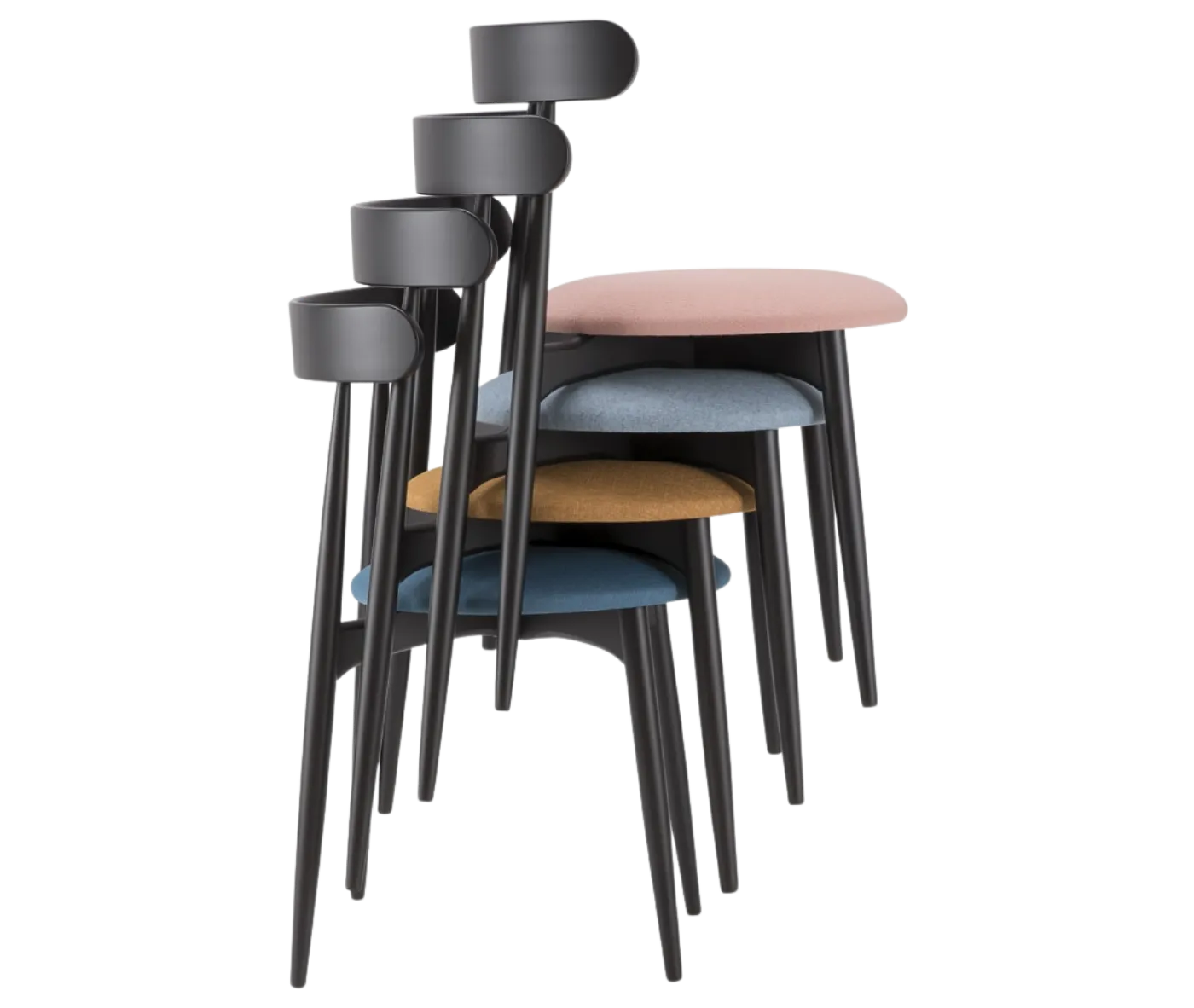Cizeta Frisbee 2431-SE hospitality chairs shown stacked, back timber frames, and upholstered seats.