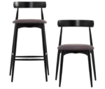 Front view of Frisbee stool and chair, black timber frame and upholstered seat.