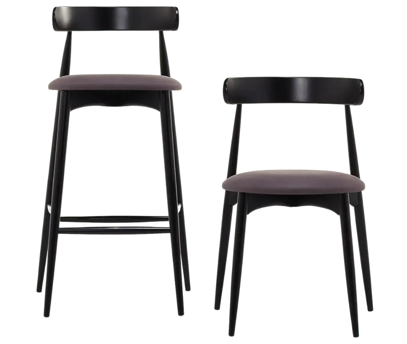 Front view of Frisbee stool and chair, black timber frame and upholstered seat.