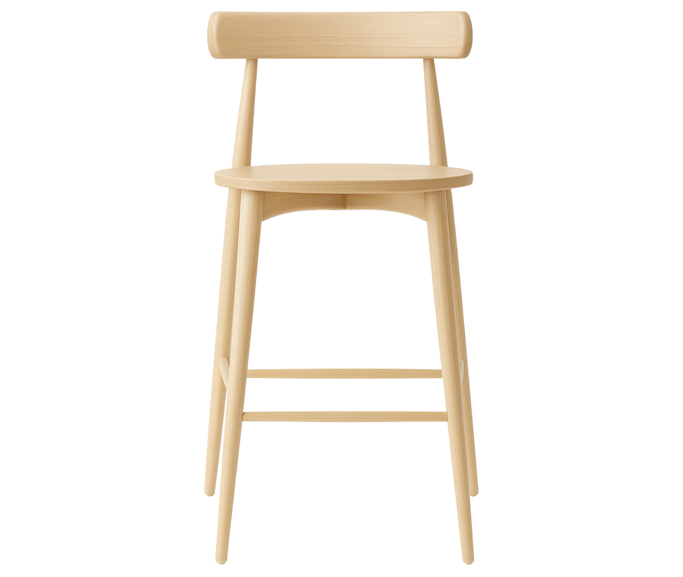 Cizeta Frisbee 2432 hospitality stool shown front view, round seat circular backrest all timber.