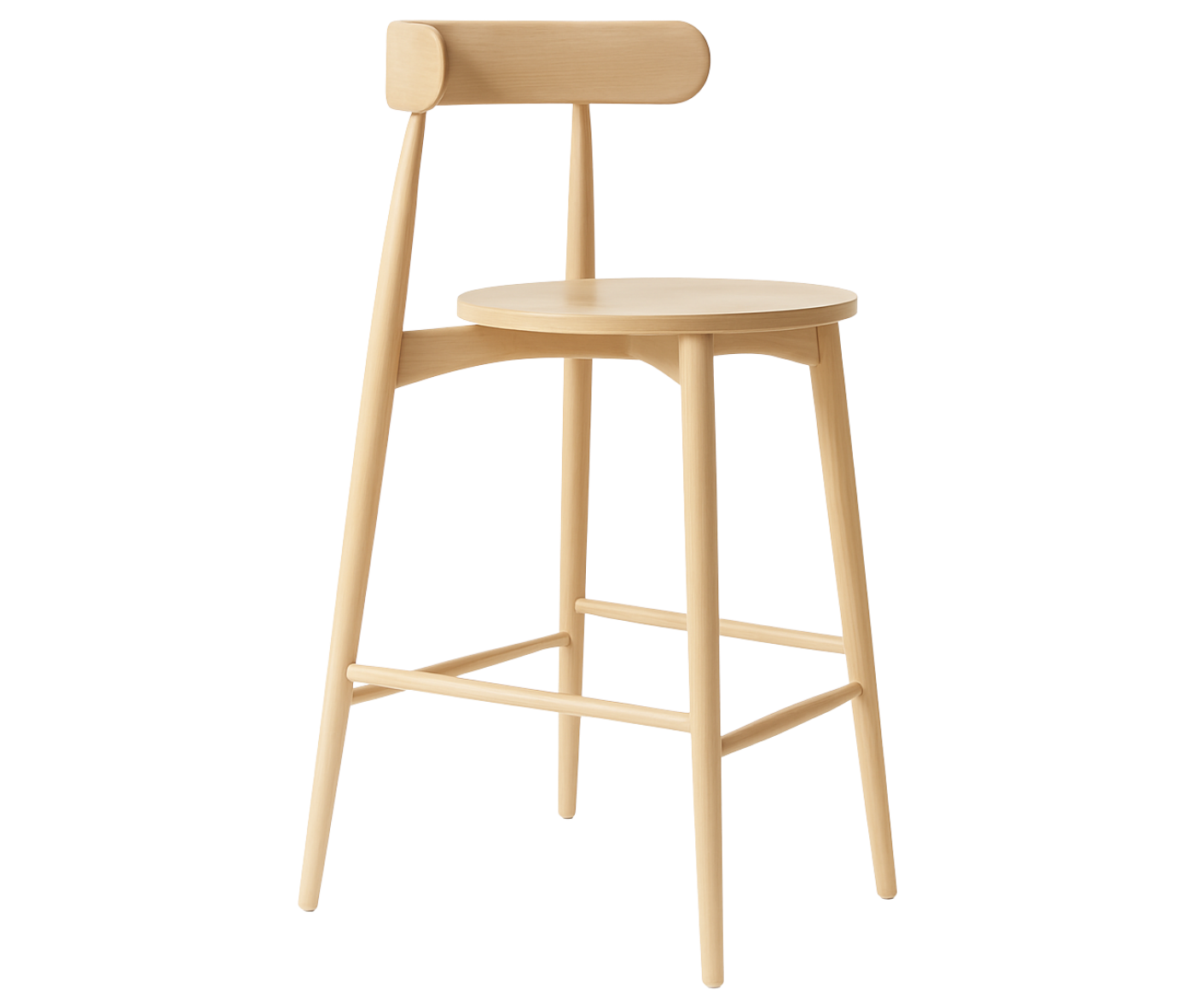 Cizeta Frisbee 2432 hospitality stool shown front-right view, round seat circular backrest all timber.