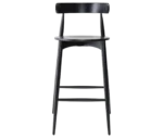 Cizeta Frisbee 2432 hospitality stool shown front view, round seat circular backrest and black timber.