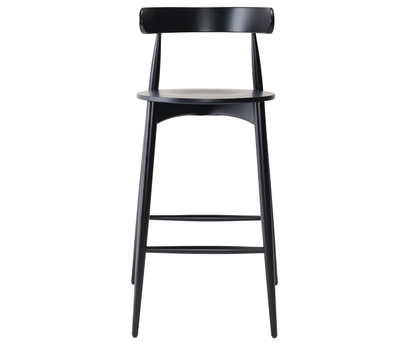 Cizeta Frisbee 2432 hospitality stool shown front view, round seat circular backrest and black timber.