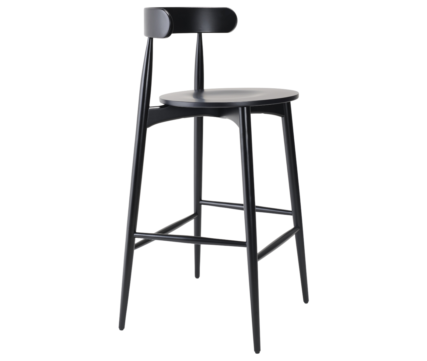 Cizeta Frisbee 2432 hospitality stool shown front-right view, round seat circular backrest and black timber.
