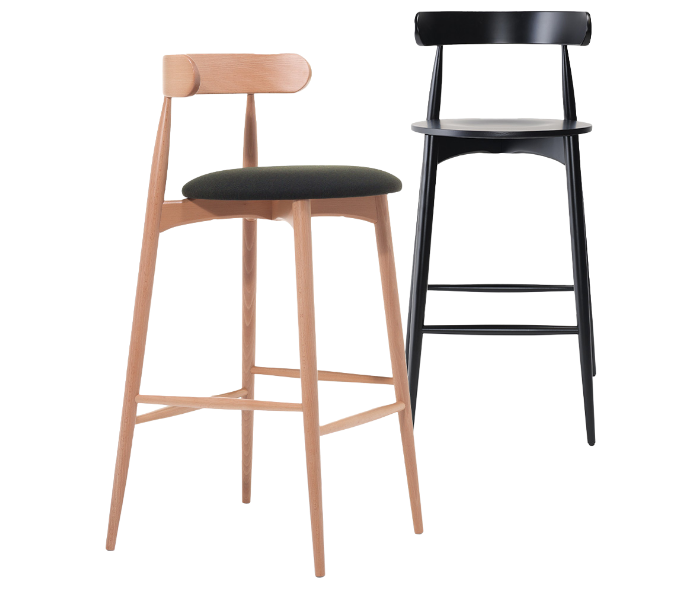 Cizeta Frisbee 2432 hospitality stools shown side by side with timber frames and upholstered seats.