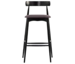 Cizeta Frisbee 2432 hospitality stool in front view, round upholstered seat, circular backrest, and black timber frame.