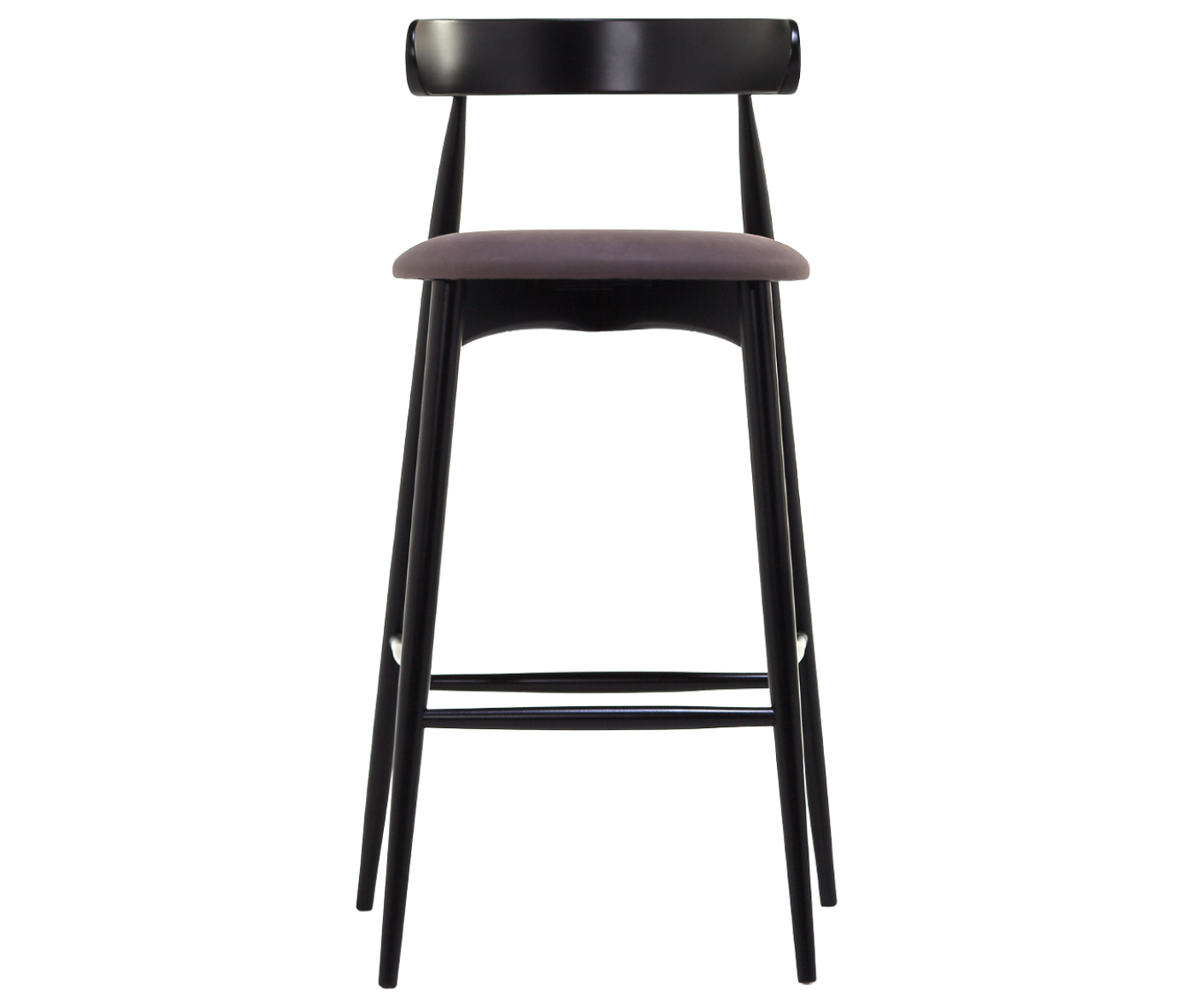 Cizeta Frisbee 2432 hospitality stool in front view, round upholstered seat, circular backrest, and black timber frame.