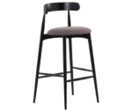 Cizeta Frisbee 2432 hospitality stool in front-right view, round upholstered seat, circular backrest, and black timber frame.