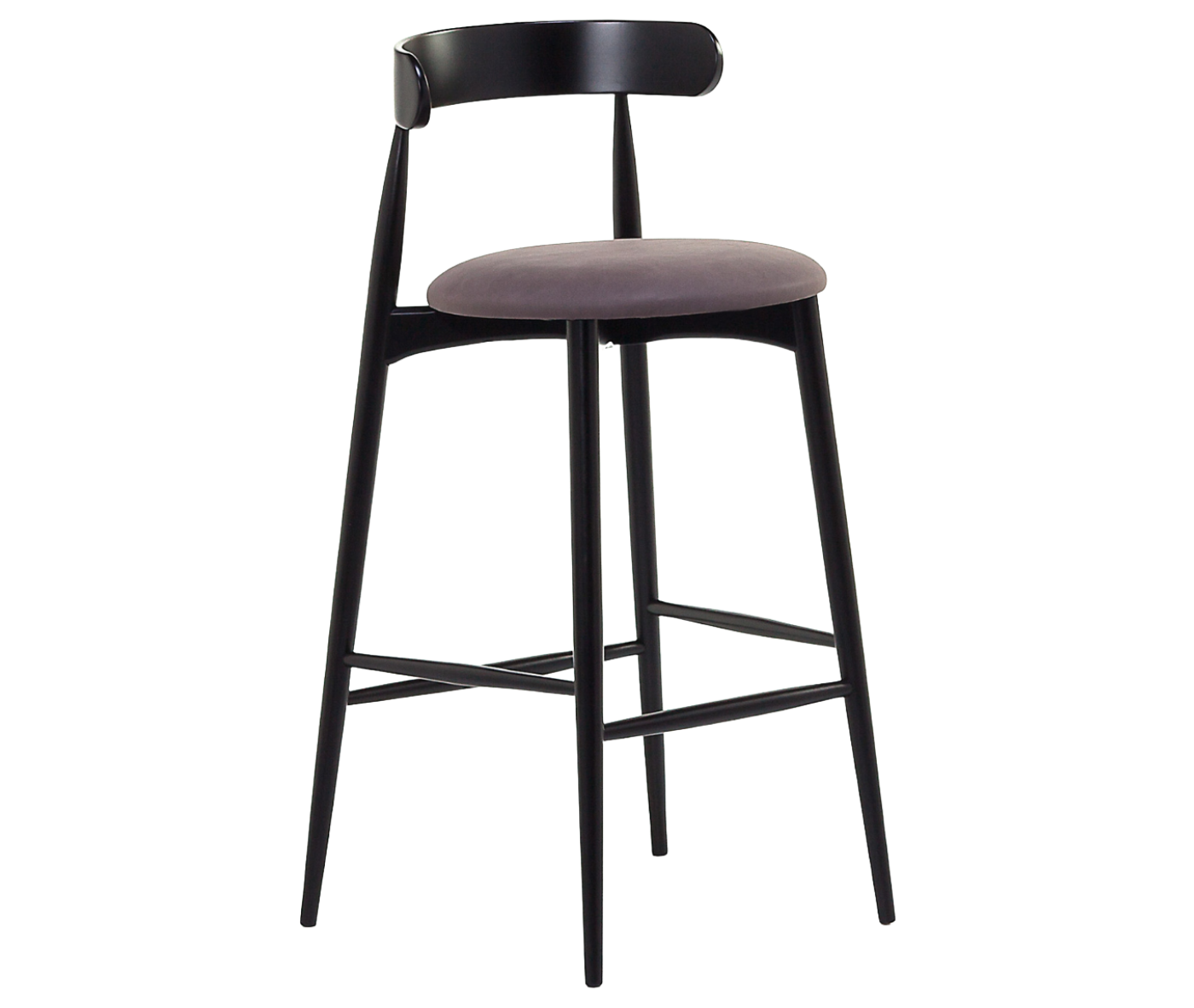Cizeta Frisbee 2432 hospitality stool in front-right view, round upholstered seat, circular backrest, and black timber frame.