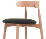 Close-up view shown in front-left view, light timber frame and round upholstered seat.