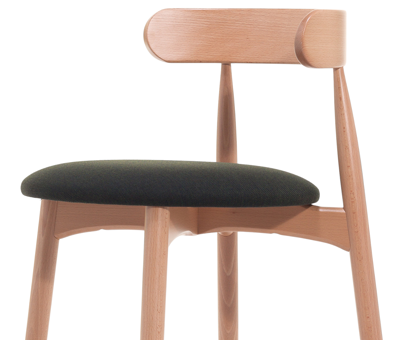 Close-up view shown in front-left view, light timber frame and round upholstered seat.