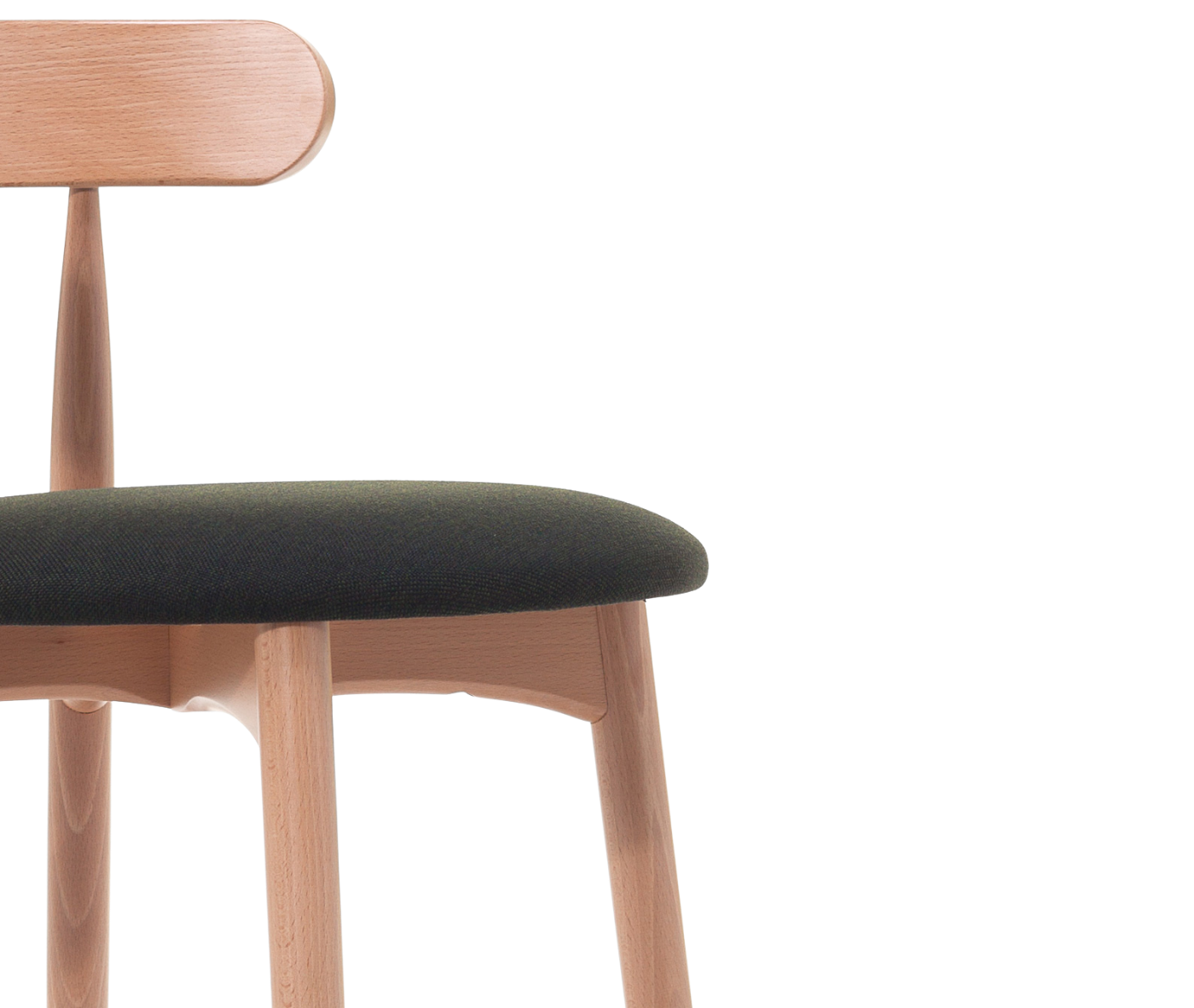 Detail view shown in half right-side view, light timber frame and round upholstered seat.