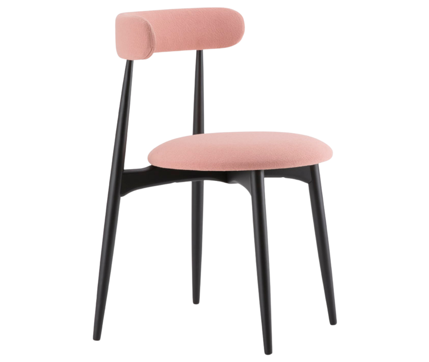 Cizeta Frisbee 2433 hospitality chair in front-right view, black timber frame, pink upholstered seat and backrest.