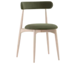 Cizeta Frisbee 2433 hospitality chair in front-right view, timber frame, green upholstered seat and backrest.