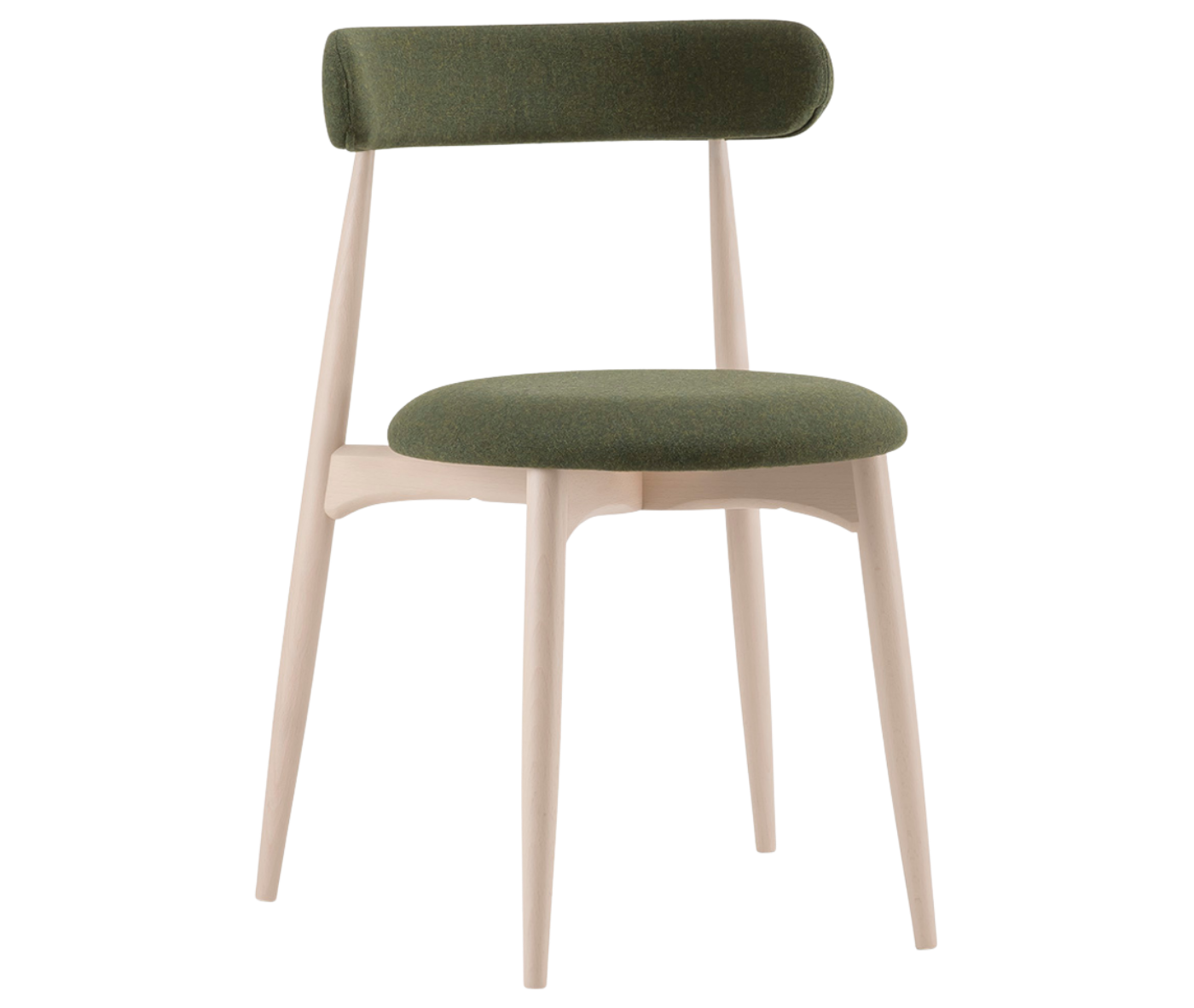 Cizeta Frisbee 2433 hospitality chair in front-right view, timber frame, green upholstered seat and backrest.