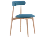 Cizeta Frisbee 2433 hospitality chair in front-right view, timber frame, blue upholstered seat and backrest.